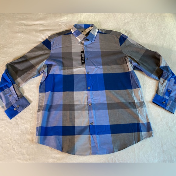 Blue Gray Plaid Long Sleeve Button Down Collared Shirt - Picture 2 of 13